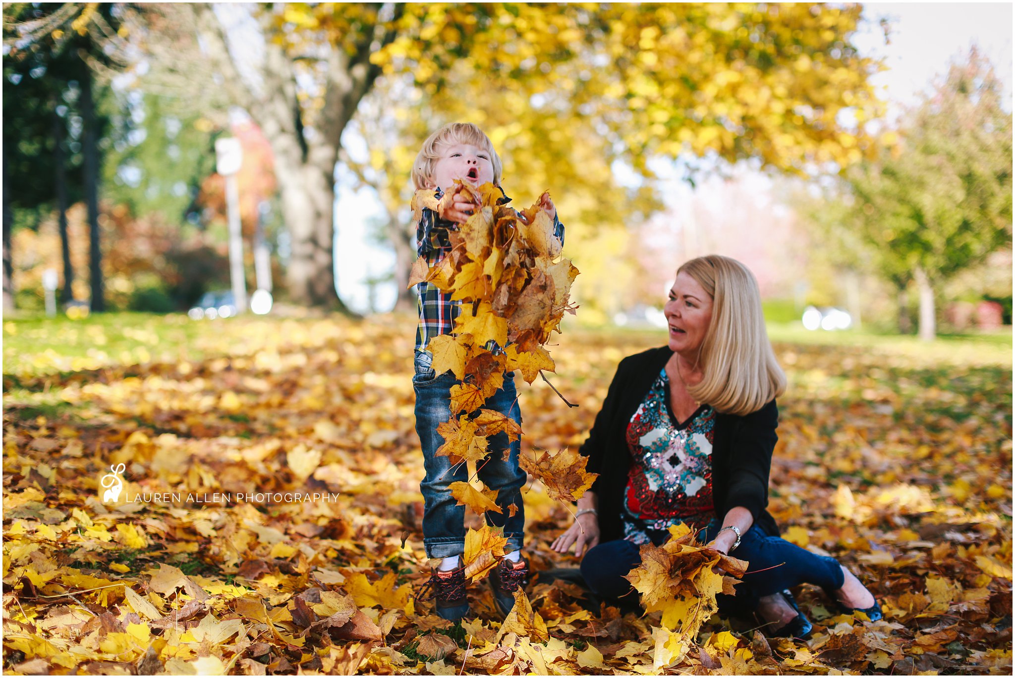 2016,3 year old,Boy,Brady,Fall,Family,Lauren Allen Photography,Mom,Oregon,Portland,Rara,Tree,candid,carefree,child,child photographer,childhood,grandma,kid,laugh,leaves,me,natural light,october,outdoors,outside,plaid,playing,preschooler,yellow,